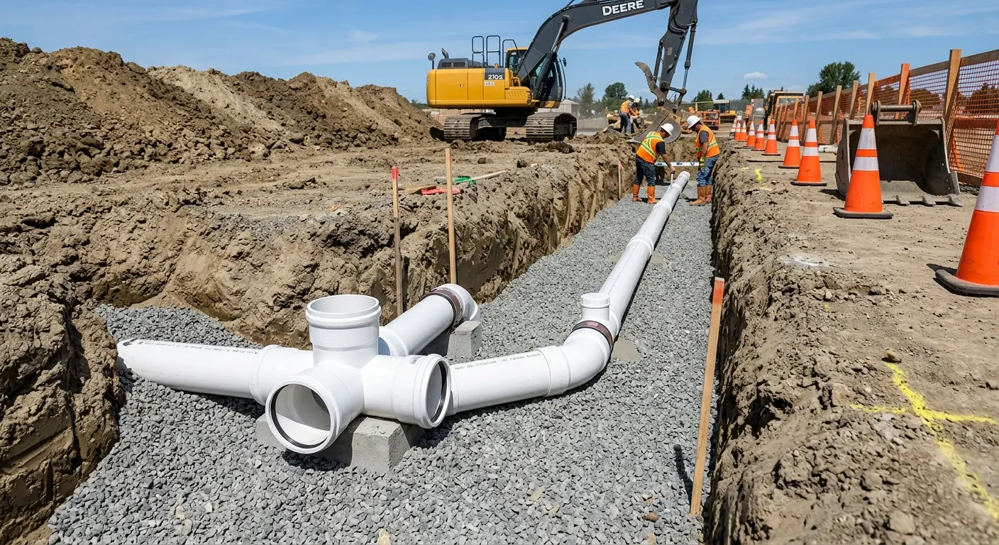 New PVC sewer pipe installation in open trench for Grease Trap Cleaning in White City